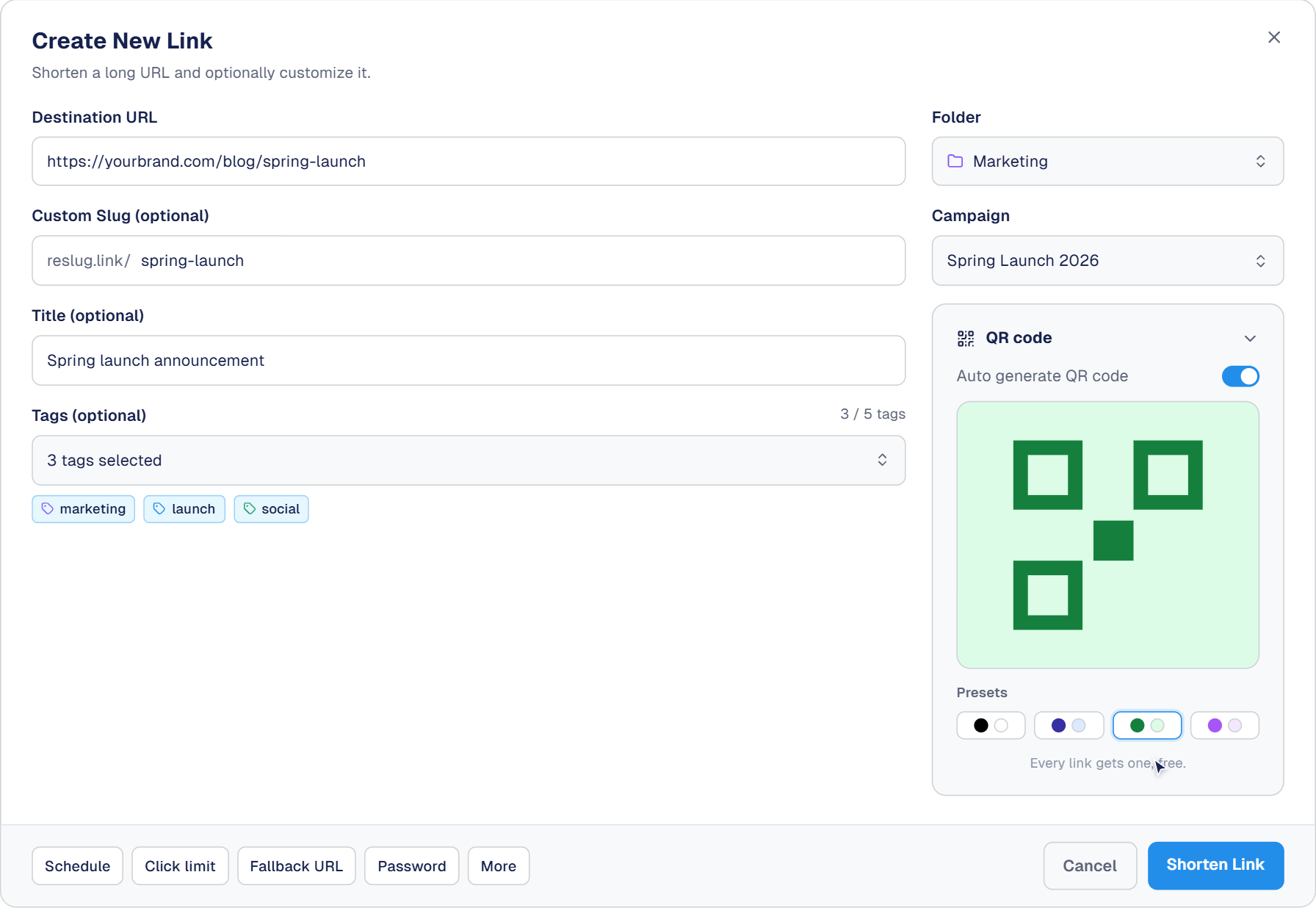 ReSlug's Create New Link dialog: a long URL shortened to a branded slug, then filed into a folder, a campaign and its tags